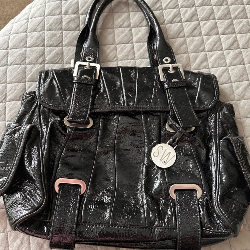 Stuart Weitzman Cala Flip Patent Leather Glossy Black Satchel
